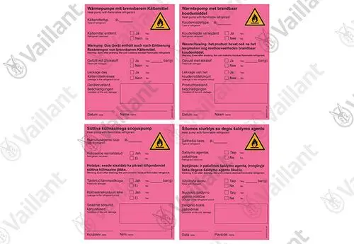 Pinkfarbene Aufkleber von Vaillant mit Warnhinweisen zu brennbaren Kältemitteln, inklusive Felder für Leckage und Gerätedaten in verschiedenen Sprachen.